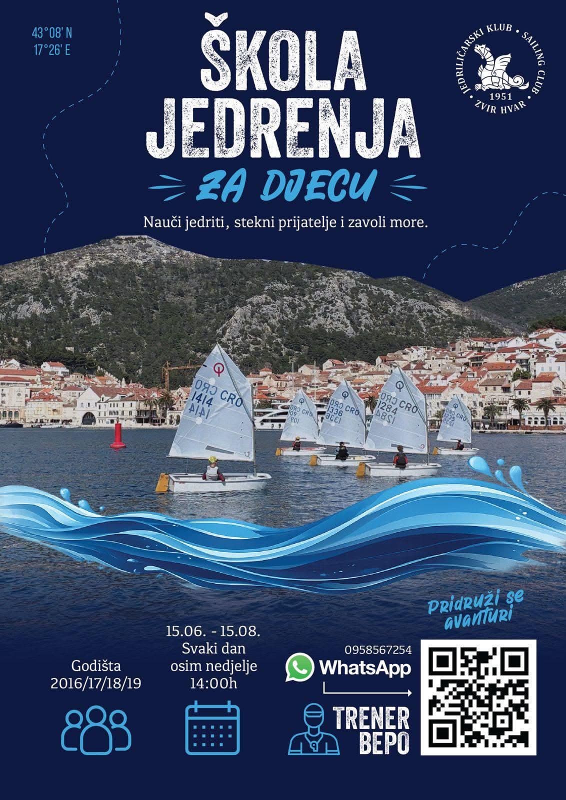 Plakat: Škola jedrenja za djecu — JK Zvir Hvar